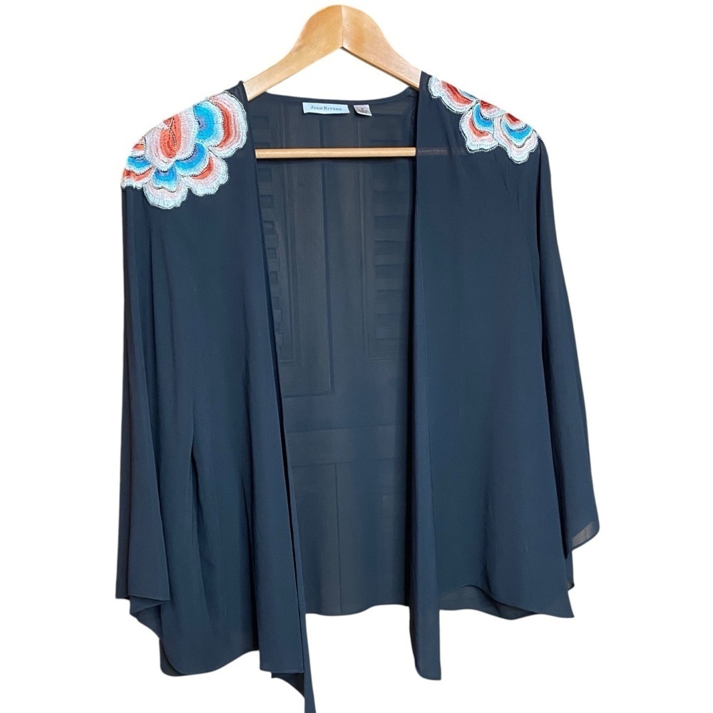 Joan Rivers black sheer open-front kimono with embroidered flowers size-small